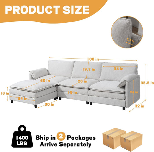 108" Cloud Sectional Couches for Living Room, Convertible L Shaped Modular Sectional Sofa with Movable Ottoman, 3-Seat Chenille Cloud Couch with Deep Seat for Bedroom, Apartment, Beige