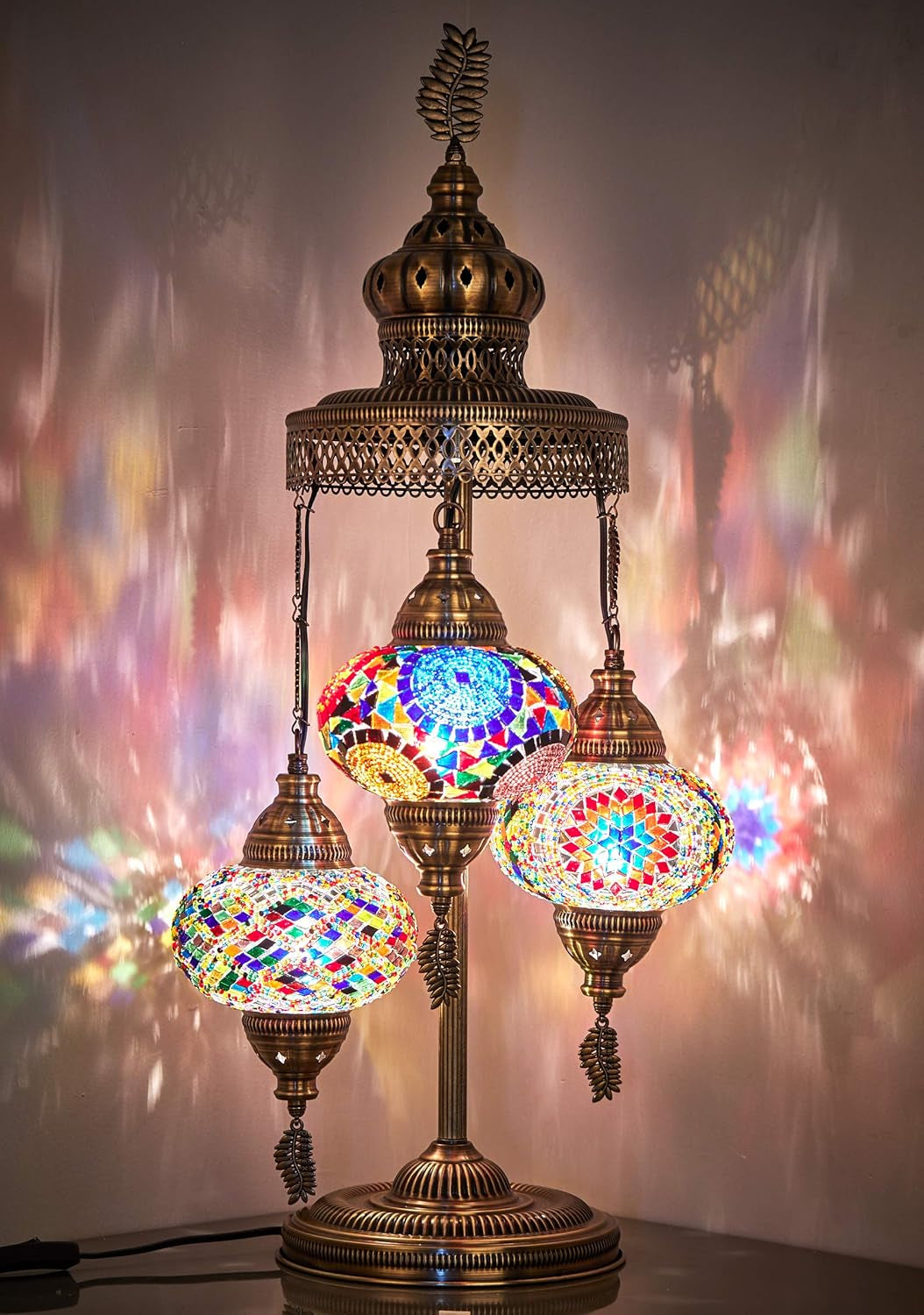 3 Big Globes XL Magnificent Handmade Turkish Moroccan Mosaic Tiffany Style Table Desk Bedside Lamp Lampshade Exotic Night Accent Light for North American Use, 31" Height (Gift Me - Multicolor)