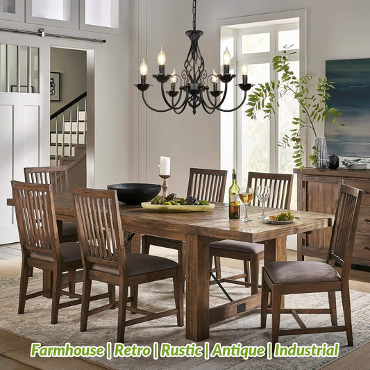6-Light Farmhouse Candle Chandelier for Living Room, Rustic Industrial Pendant Ceiling Light Fixture, Vintage Hanging Lamp for Bedroom Hallway Kitchen Dining Room Foyer, Matte Black E12 Socket