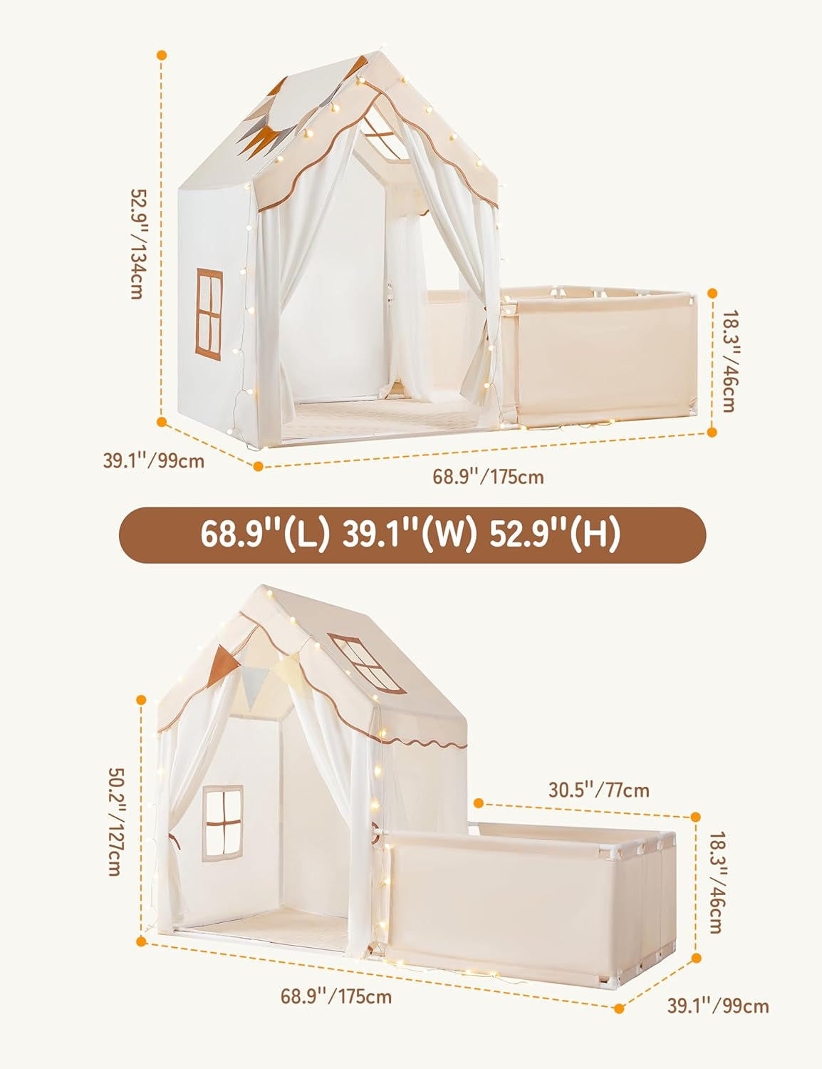 Kids Play Tent with Enclosure, Toddler Tent 2 in 1 with Padded Mat and Lights, Large Playhouse for Kids, Indoor & Outdoor, Christmas Toddler Playhouse, 69" X39" X 53"