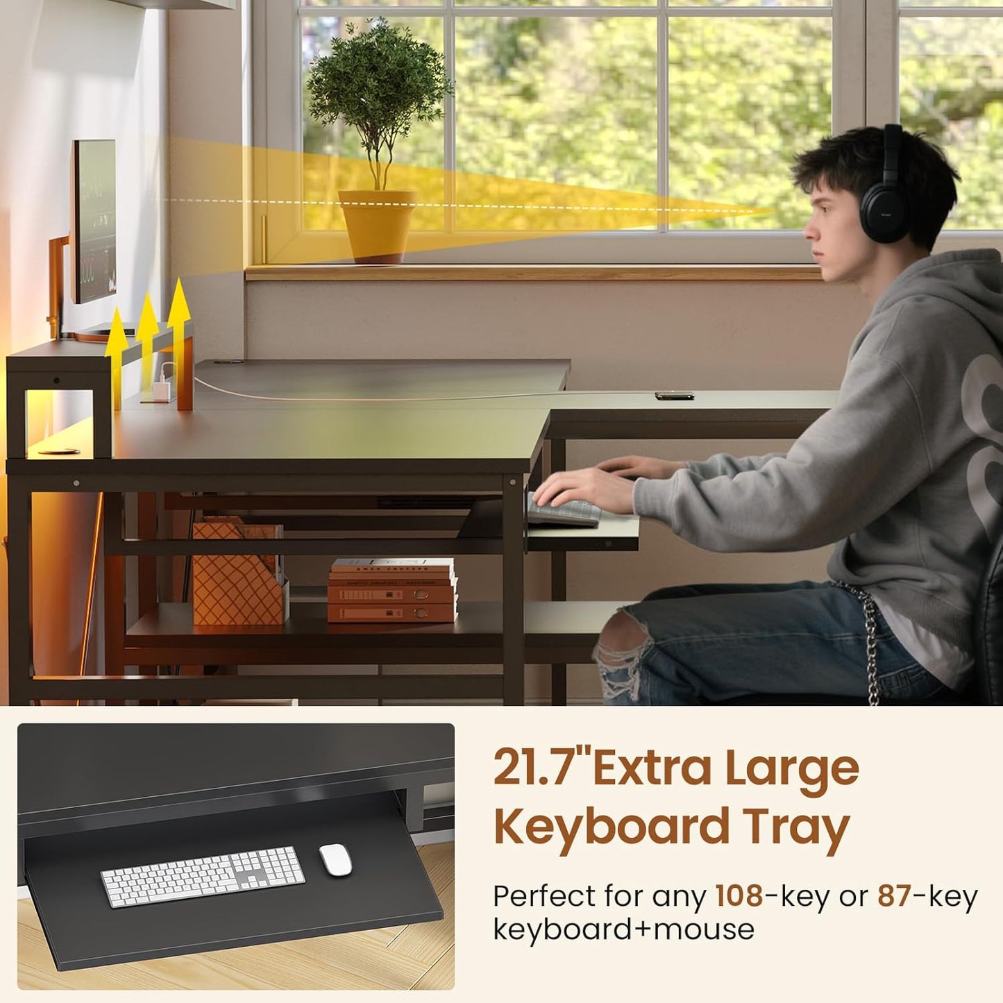 94.5" Office Computer Desk, 2 Person Gaming Desk with Storage, LED Lights, Keyboard Tray, Power Strip with USB & Monitor Stand, Long Two Person Desk for Home Office, Black