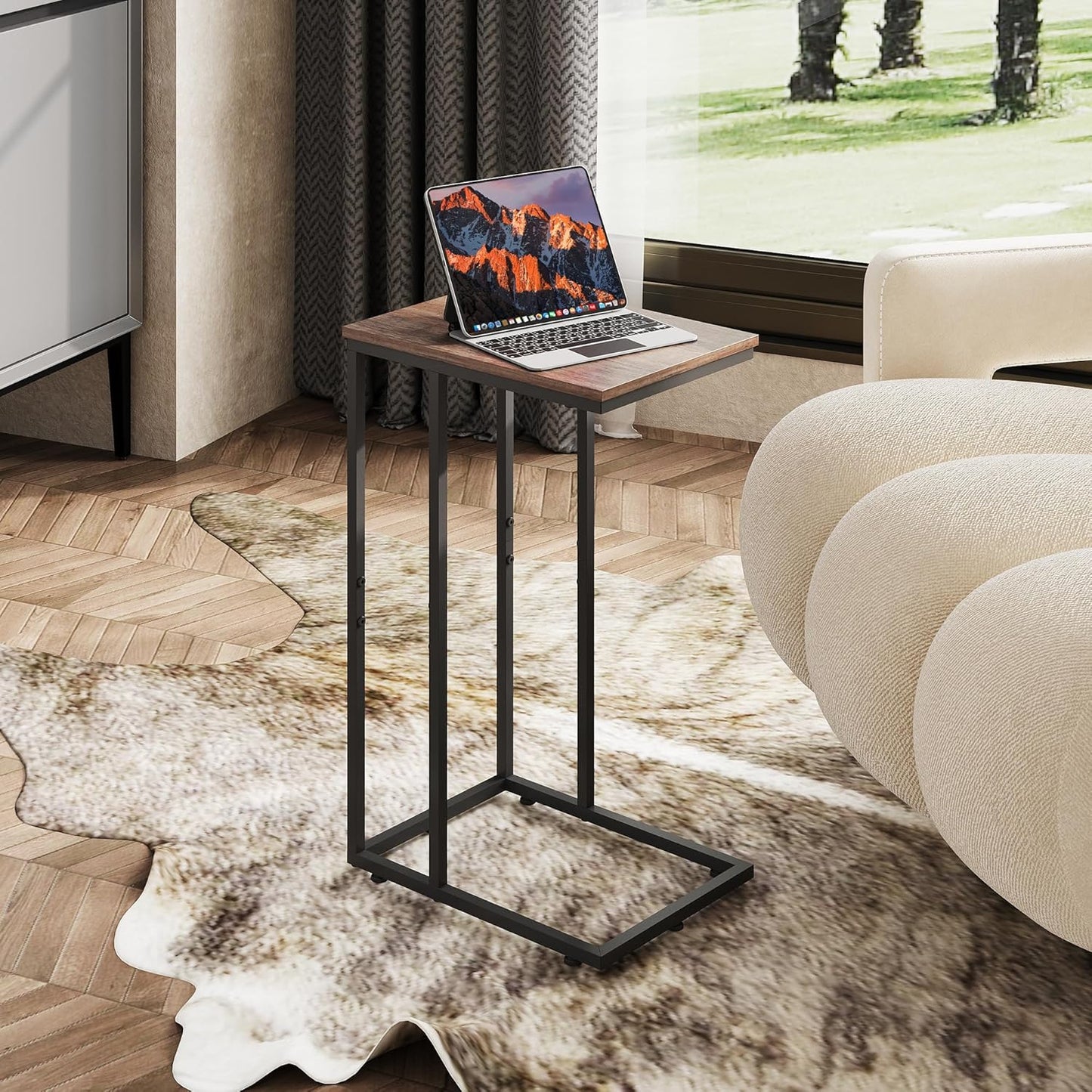 C Shaped End Table, Small Side Tables for Sofa and Bed, Couch Table That Slides under for Living Room, Bedroom, Home Office, Small Spaces