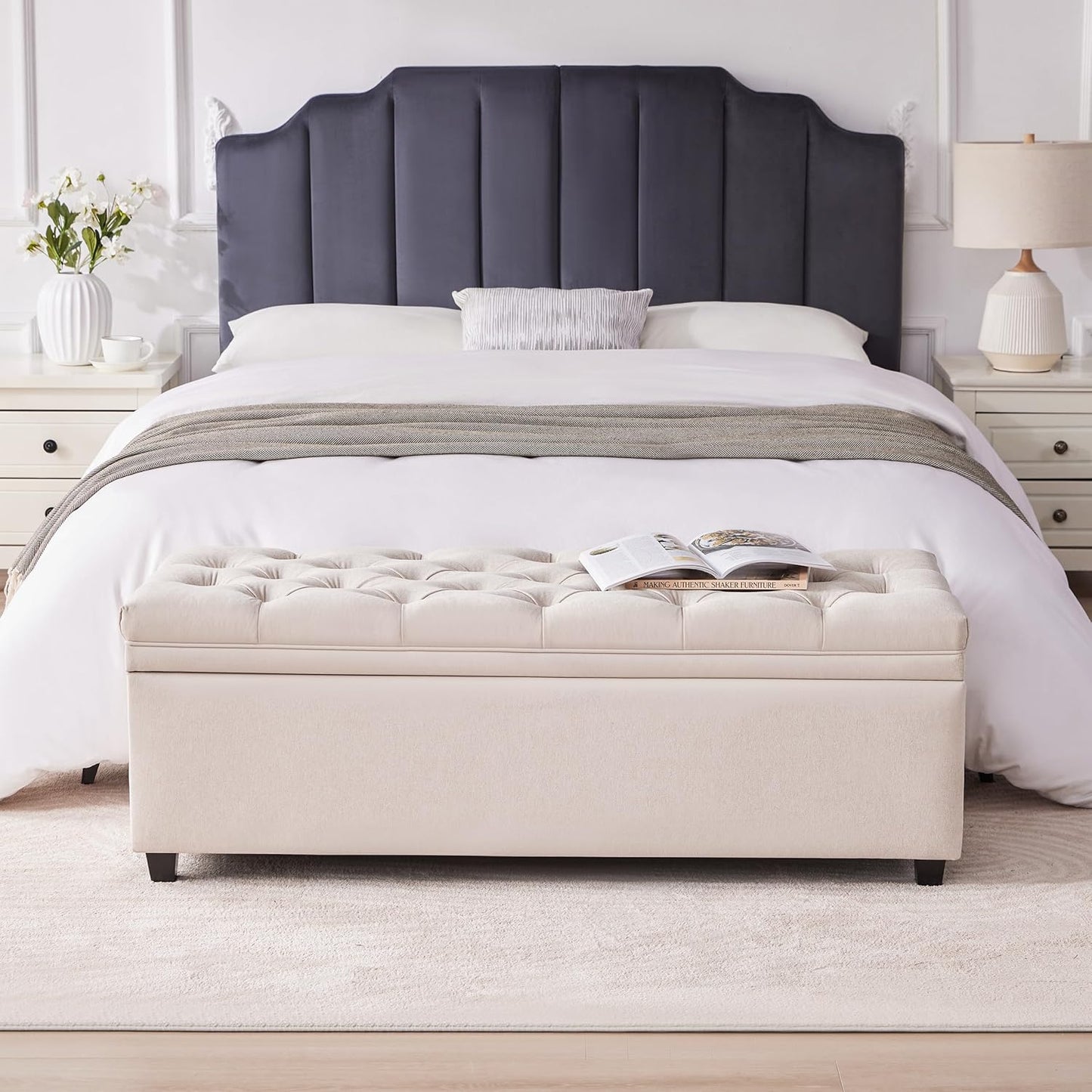 50" Storage Ottoman Bench, Tufted Ottoman with Storage for Living Room, Large End of Bed Ottomans, Modern Entryway Benchs, Window & Bedroom Benches for Foot of Bed (Beige)