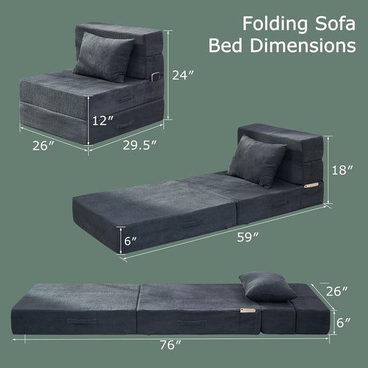 Folding Sof Bed, 4 in 1 Convertible Sleeper Chir with Pillow, Single Memory Fom Fold Out Chir Bed, Modern Floor Futon Sof Couch Mttress for Living Room/Guest/prtment, Drk Grey