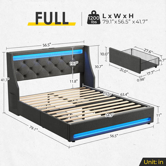 Full Bed Frame with LED Lights and Charging Station, Upholstered Bed with Drawers, Wooden Slats, Noise Free, Easy Assembly, Dark Gray