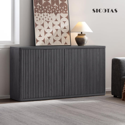 Buffet Cabinet with Storage Accent Sideboard with 4 Doors 66.3" Wide Fluted Credenza Modern Buffet Table Media Console Cabinet Entryway Cabinets for Living Room Kitchen Dining Room Hallway