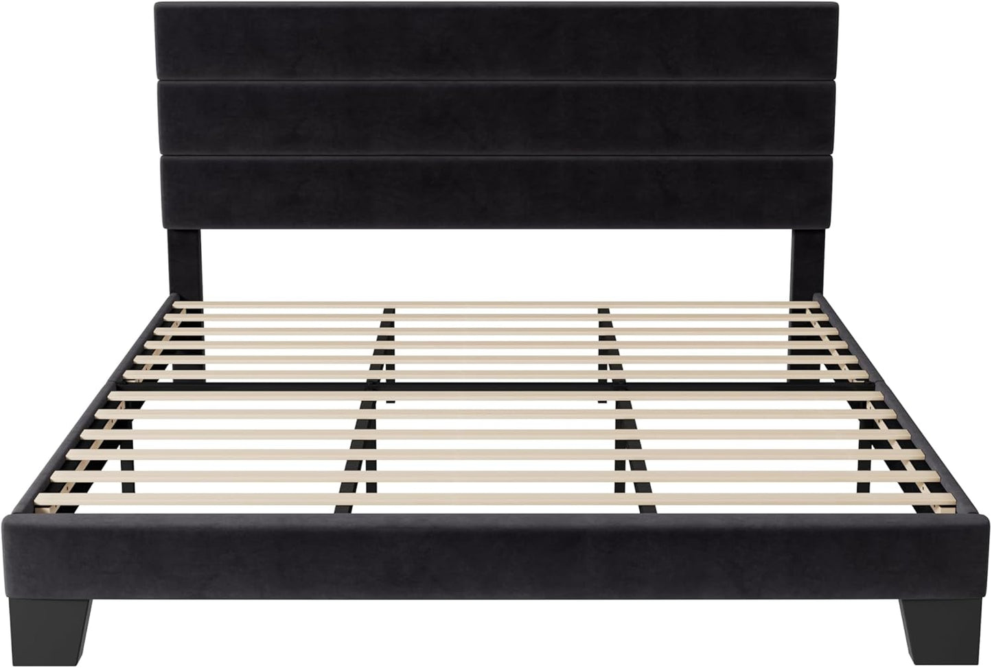 King Size Platform Bed Frame with Velvet Upholstered Headboard and Wooden Slats Support, Fully Upholstered Mattress Foundation/No Box Spring Needed/Easy Assembly, Black