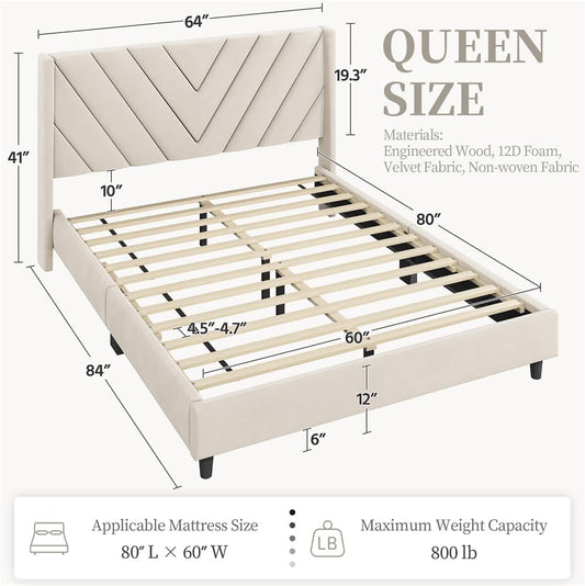 Queen Bed Frame Upholstered Platform Bed with Wing Side/Wooden Slat Support/Tufted Headboard with Wing Side/Mattress Foundation/No Box Spring Needed,Beige Queen Bed