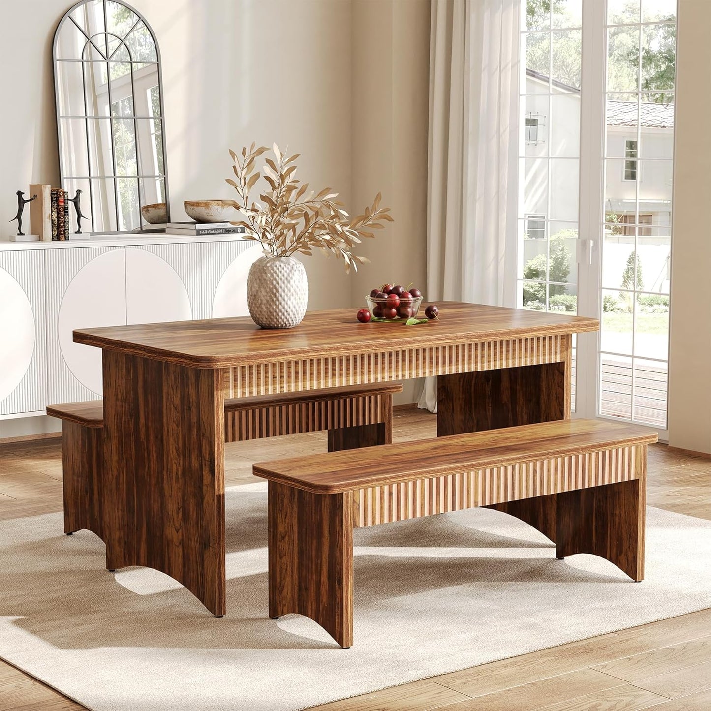 55" Dining Table with 2 Benches, Dining Table Set for 4-6 People, Farmhouse Kitchen Table with Bench, Dining Room Table Set