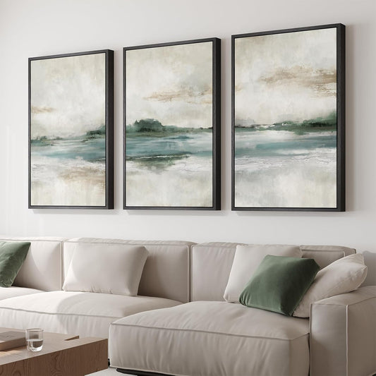 Large Framed Abstract Nature Landscape Wall Art for Living Room, Set of 3 Modern Canvas Prints Paintings Artwork for Walls, Green Lake Pictures for Hallway, Dining Room, Office Wall Decor 24X36 Inch