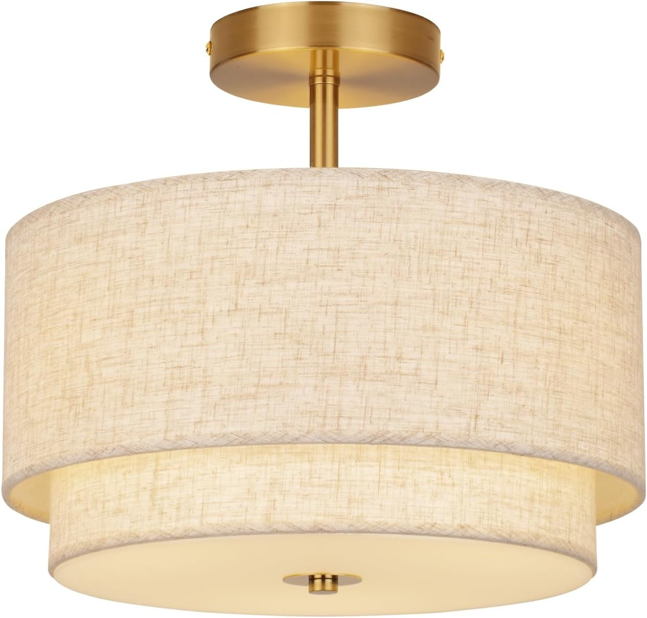 Semi Flush Mount Ceiling Light Fixture,12.6'' Gold Light Fixtures Ceiling Mount, Modern Close to Ceiling Light with 2-Layer Linen Shade,Farmhouse Drum Ceiling Light for Bedroom Hallway Living Room