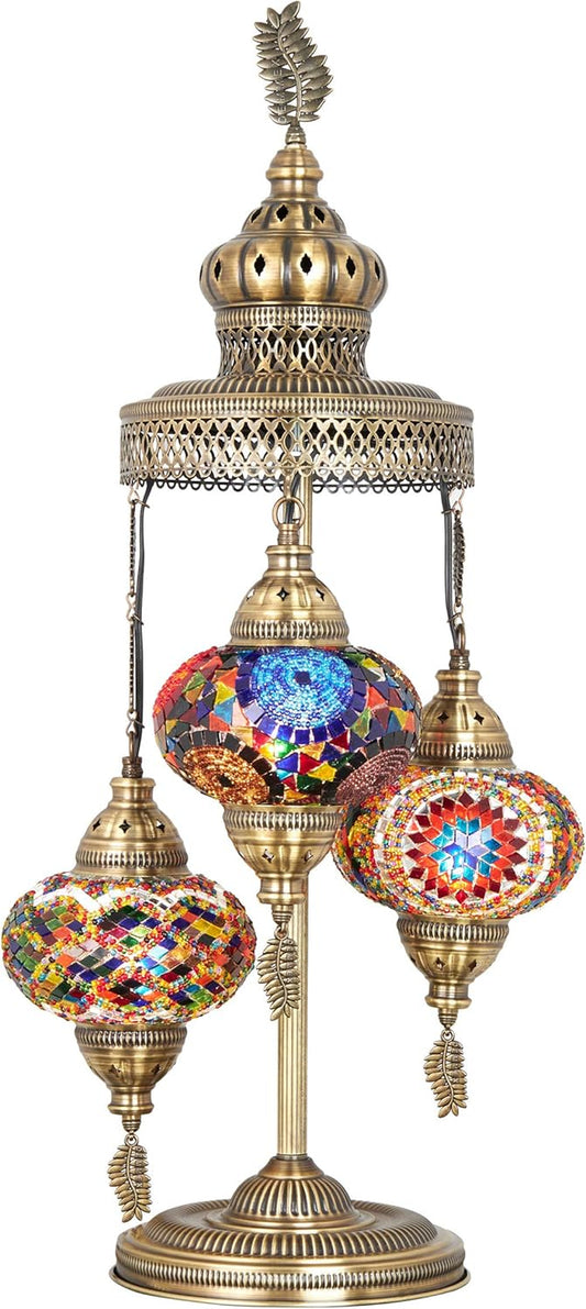 3 Big Globes XL Magnificent Handmade Turkish Moroccan Mosaic Tiffany Style Table Desk Bedside Lamp Lampshade Exotic Night Accent Light for North American Use, 31" Height (Gift Me - Multicolor)
