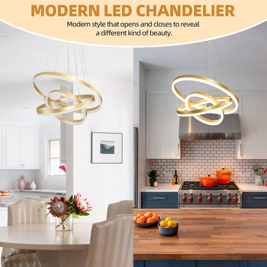 Modern Gold Led Chandelier 3 Rings Gold Dimmable LED Chandeliers Light Fixture for Kitchen Island Height Adjustable Chandelier Led Pendant Light for Dining Room Bedroom Living Room