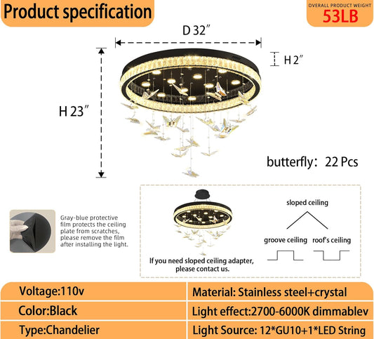 Butterfly Chandelier Black 32In Modern Crystal Raindrop Chandelier Lighting Flush Mount Ceiling Chandeliers for Living Room 12XGU10