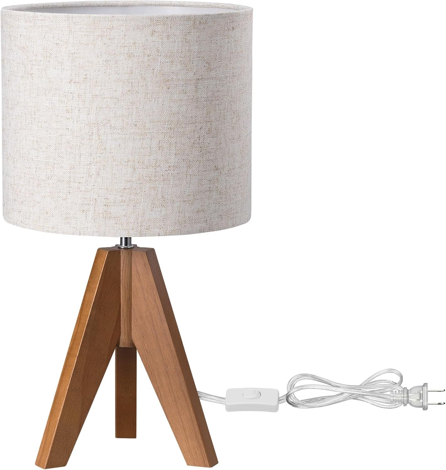 Tripod Table Lamp, Small Cute Bedside Lamp with Linen Beige Lampshade, Nightstand Lamp for Nursery, Bedroom, Kid Room, Living Room, Light Brown Wooden Base, E26 Socket, 14.2 Inch