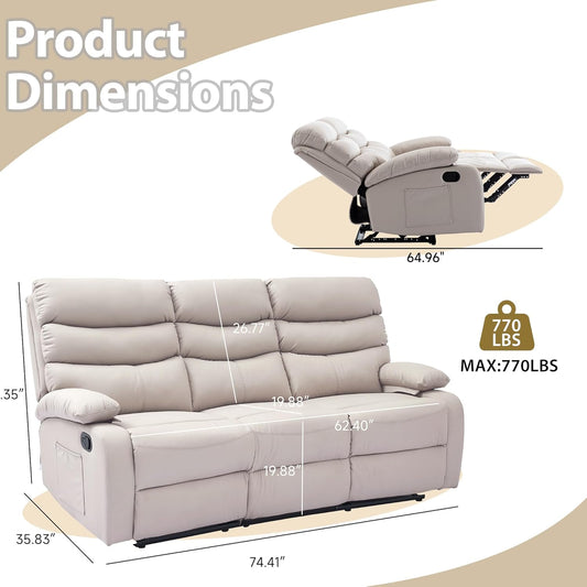 Manual 3 Seat Reclining Sofa Leather 3-Seater Manual Reclining Couch with Overstuffed Arms 3 Seater Couch Recliner Hidden Storage for for Living Room RV Home Theater Apartment Beige