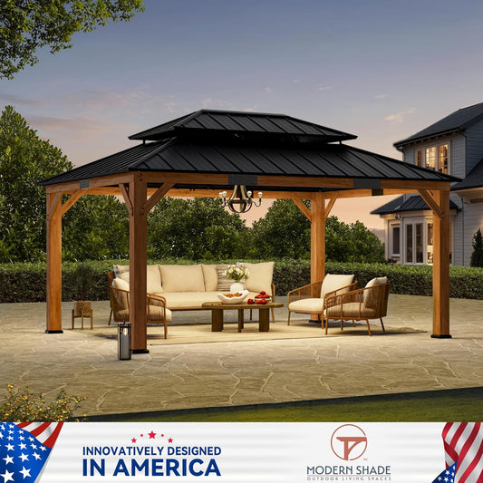 Modern Shade Rosewood Wood Gazebo 12' X 16', Cedar Framed Grill Gazebo with Double Galvanized Steel Roof, Permanent Hardtop Pavilion with Sturdy Hooks for Garden, Backyard, Patio, and Deck