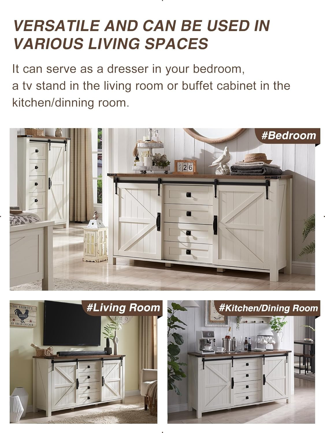 Farmhouse Sideboard Buffet Cabinet with Storage, 60" Large Kitchen Cabinet W/Sliding Barn Doors and 4 Drawers, 31.2'' Tall Wood Coffee Bar Table for Dining Room, Antique White