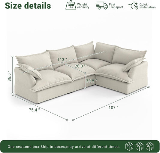 Cloud Sectional Sofa,4-Seater Deep Seat Modular Couch,Down Filled Convertible Living Room Sets Sofa,Corner Sofa Covers Washable & Replaceable,Cream White
