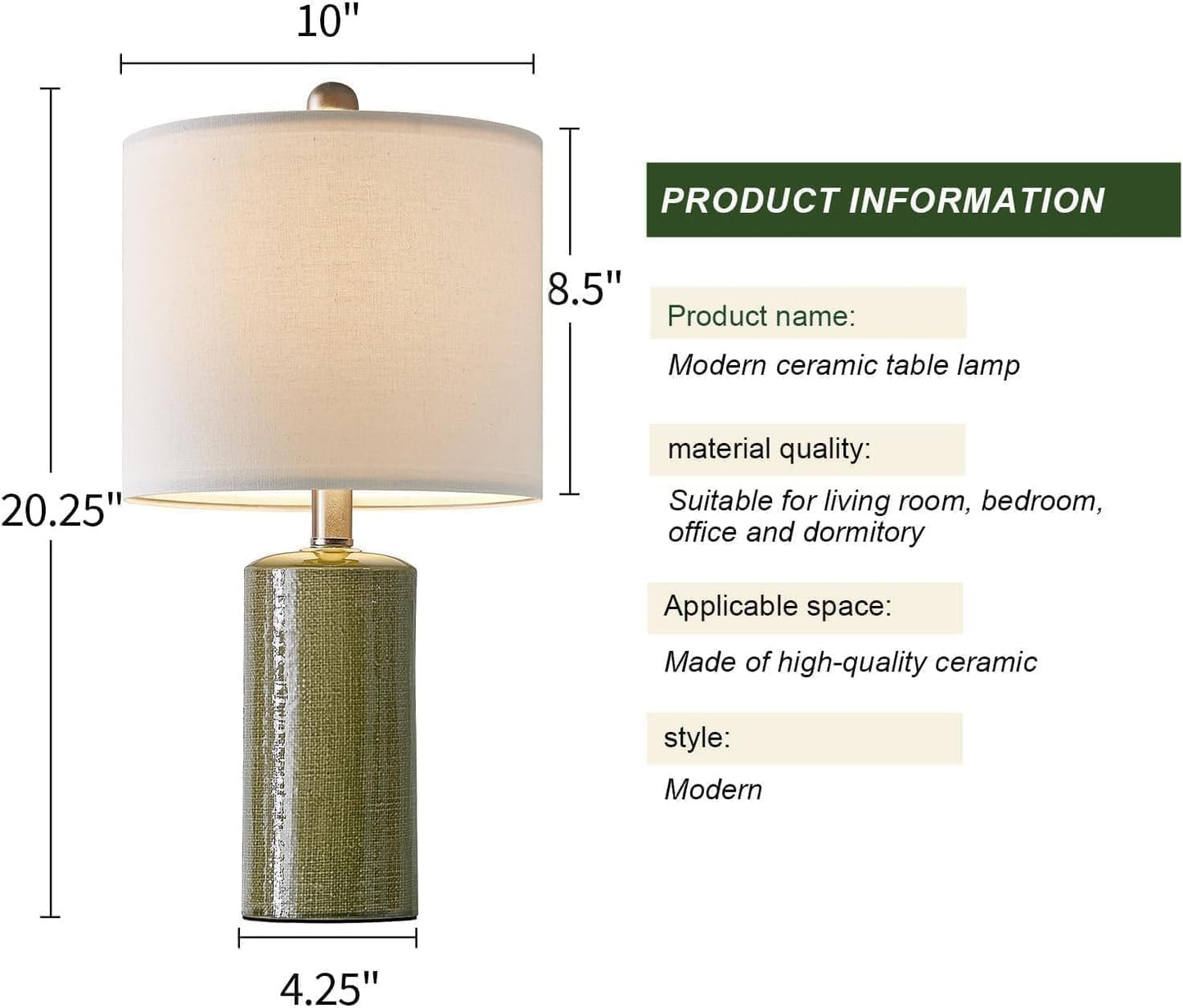 20.25" Small Table Lamps Set of 2 Modern Ceramic Lamps for Living Room Farmhouse Bedside Lamps Boho Lamps for Night Stands Green Bedroom Lamp Side Table Lamps End Table Lamp