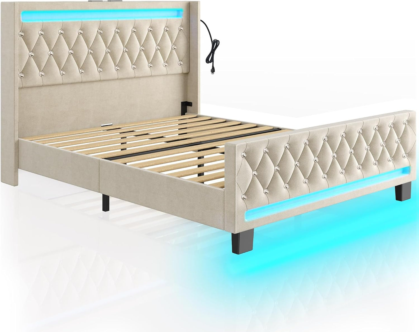 Queen Bed Frame with LED Light and Charging Station, Upholstered High Headboard and Footboard, Wood Slats, Noise Free, Easy Assembly, Beige