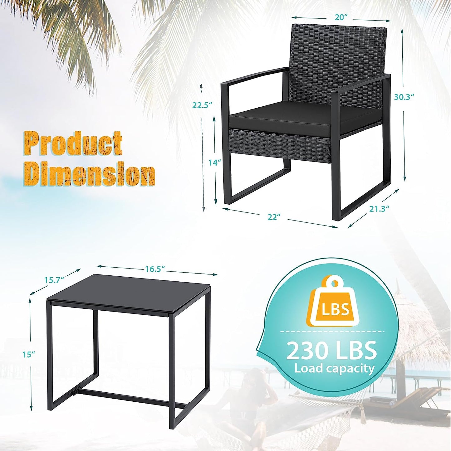 3 Pieces Outdoor Patio Wicker Furniture Set, Modern Rattan Chair Conversation Sets with Coffee Table for Yard and Bistro (Black)