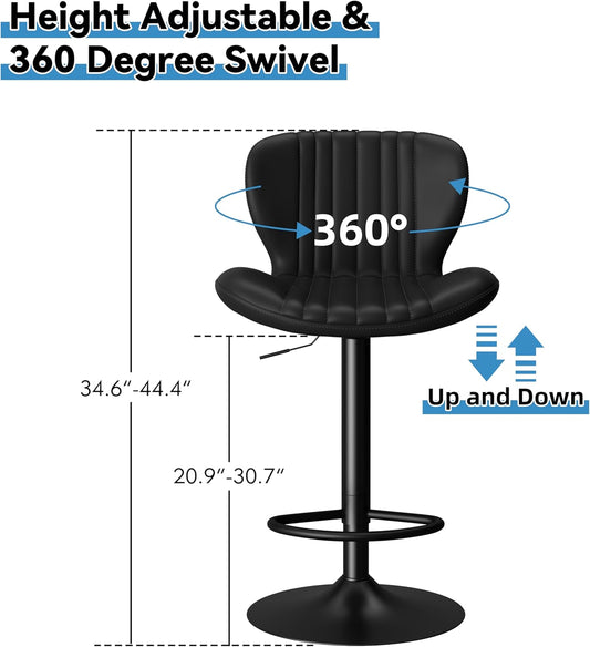 Bar Stools Set of 4 Modern Swivel Bar Chairs, Counter Height Faux Leather Metal Barstools, Upholstered Island Chairs with Back and Footrest, Black