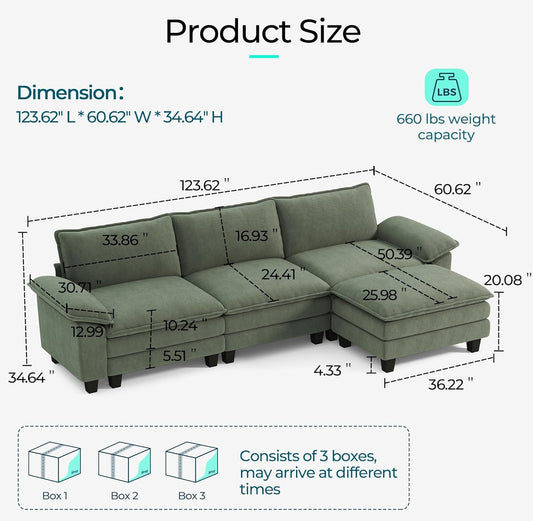 123'' Modular Sectional Sofa Green Couch Corduroy Cloud Couches for Living Room, L Shaped Couch with Movable Ottoman, Modern Cloud Sectional Sofas for Bedroom and Apartment, Green