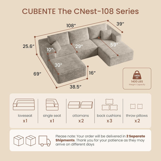 Modular Sectional Sofa | 108" Cloud Couch with Cozy Textured Corduroy,U-Shaped Boneless Couch Pit Sofa,High-Density Foam Convertible Floor Couch for Home,1400Lbs Support | Oat Beige | 2 Manageable Boxes