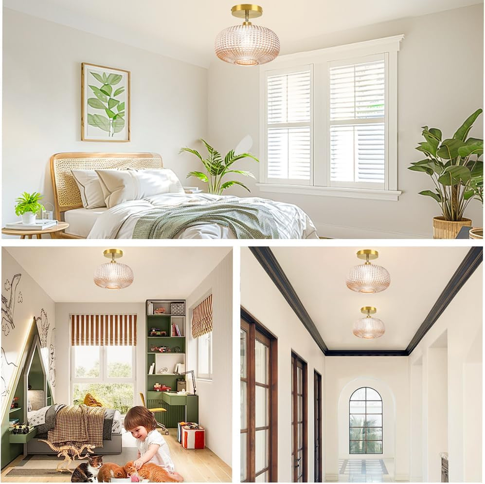 Semi Flush Mount Ceiling Light,Vintage Ceiling Light Fixture,Hallway Lighting Fixture with Amber Glass Shade,Globe Glass Light Fixture,Kitchen Lighting Fixtures Ceiling for Bedroom,Bathroom,Porch