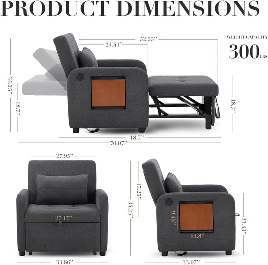 Convertible Sleeper Chair-Fabric Futon Sofa Bed, Single Sleeper Sofa, Small Couch Bed with USB Port, Foldable Table, Pillow, Adjustable Backrest for Dorm/Bedroom/College Darkgrey