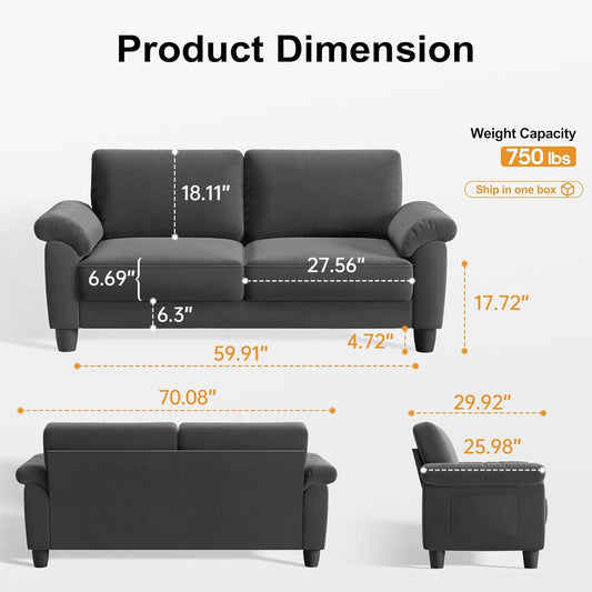 70" Living Room Couch Sofa, Mid Century Modern Loveseat, Velvet Deep Couches for Small Spaces, Bedroom, Apartment, Office, Removable Sofa Cover Spring Cushions, Easy to Install, Grey