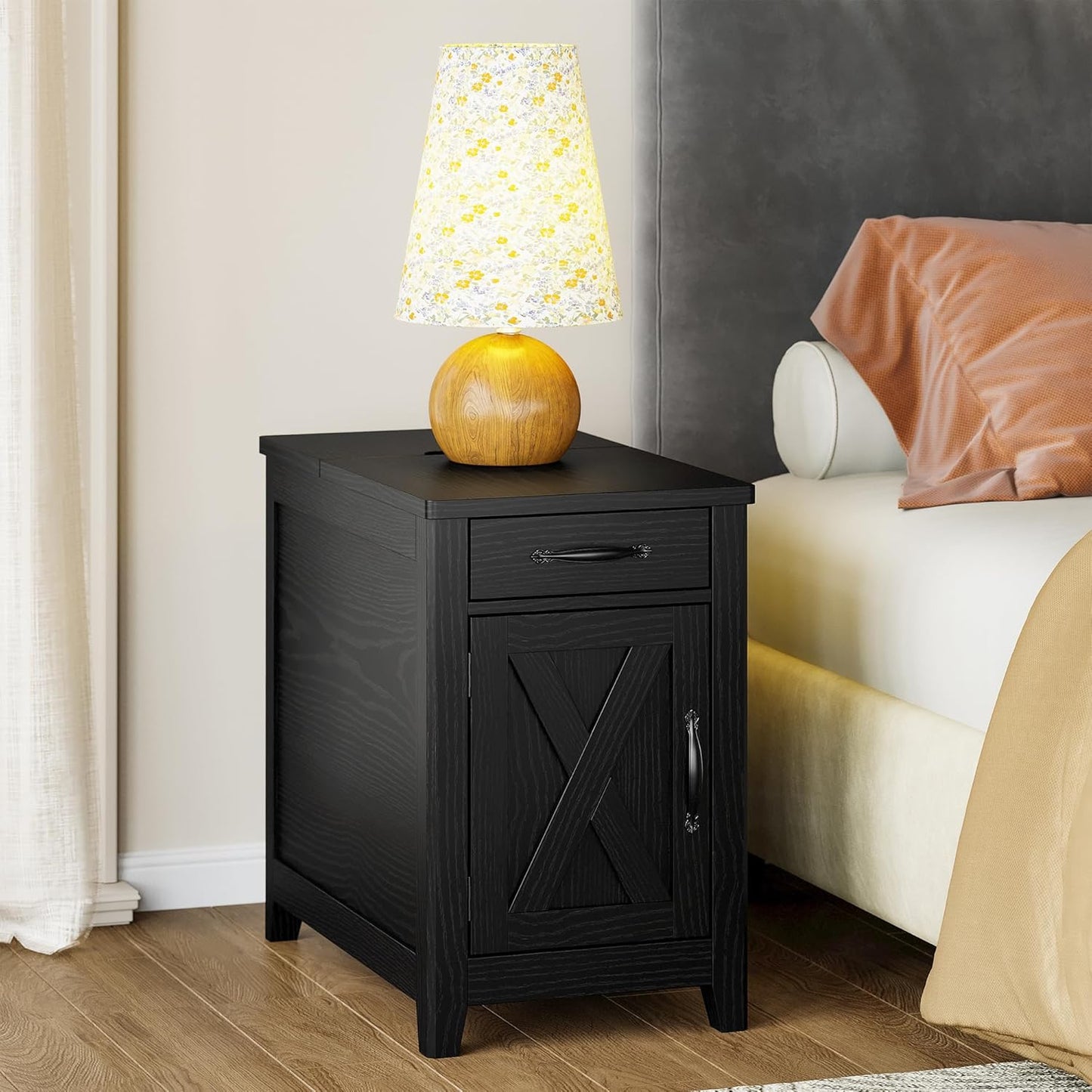 End Table with Charging Station, Narrow Side Table for Living Room, Farmhouse Night Stand for Bedroom, Bedside Table with Storage and Drawer for Home, Black