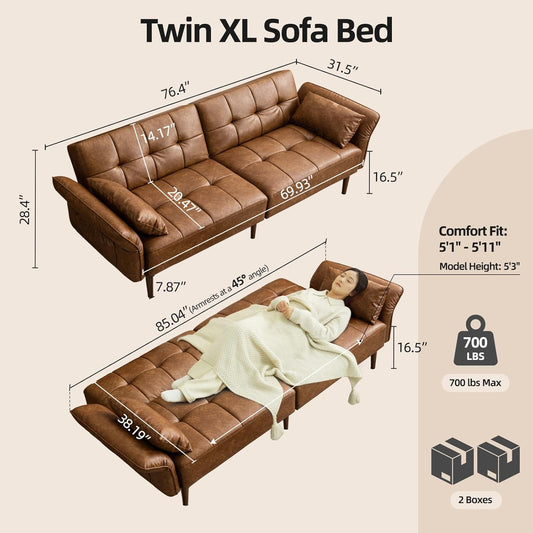 85” Futon Sofa Bed, Sleeper Sofa, Small Couch with Storage Adjustable Armrests Pillows, Faux Leather Loveseat, Mid Century Modern Couches for Living Room, Bedroom, Apartment, Brown