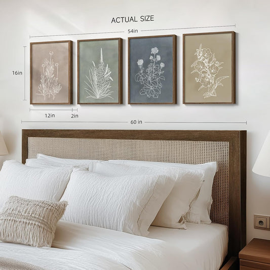 Framed Boho Botanical Wall Art for Living Room, 4 Piece Rustic Floral Canvas Painting Prints, Vintage Minimalist Neutral Flower Artwork for Modern Farmhouse Bedroom Dining Room Office Wall Decor