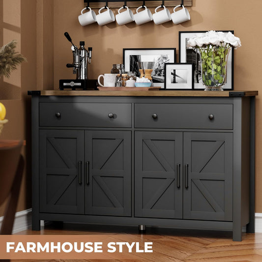 55" Sideboard Buffet Cabinet with Storage, Coffee Bar Cabinet with 2 Drawers and 4 Barn Doors, Long Storage Cabinet Modern Farmhouse, Black Wood, for Kitchen, Dining Room, Living Room