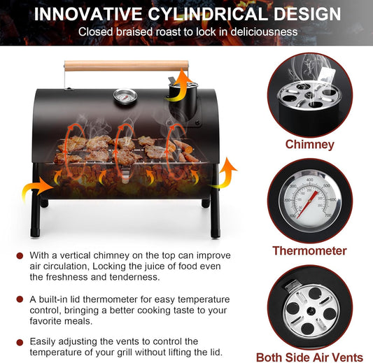 Portable Charcoal Grill with Thermometer, Small Tabletop Barbecue Grill for Outdoor Camping Backyard Party BBQ Cooking, Extra Thick Steel & Heavy Duty, Innovative Design & Easy Assembly
