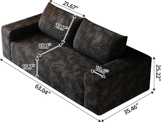 63" Cloud Loveseat Boneless Sofa Couch in a Box, No Assembly Required 2 Seater Foam Compression Couches, Modern Living Room Floor Sofa Couch Corduroy Small Love Seat
