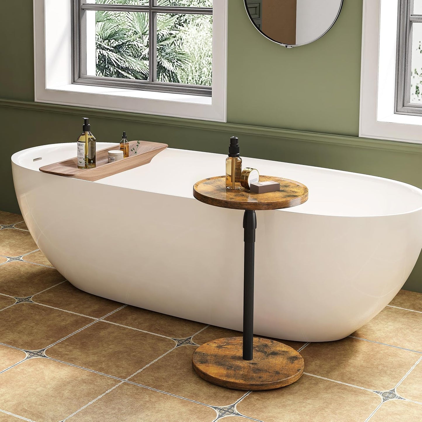 Adjustable End Table, Small round Side Table, Drink Table for Small Spaces, Pedestal Nightstand for Living Room, Bedroom, Sofa Couch, Rustic Brown ET-010RB