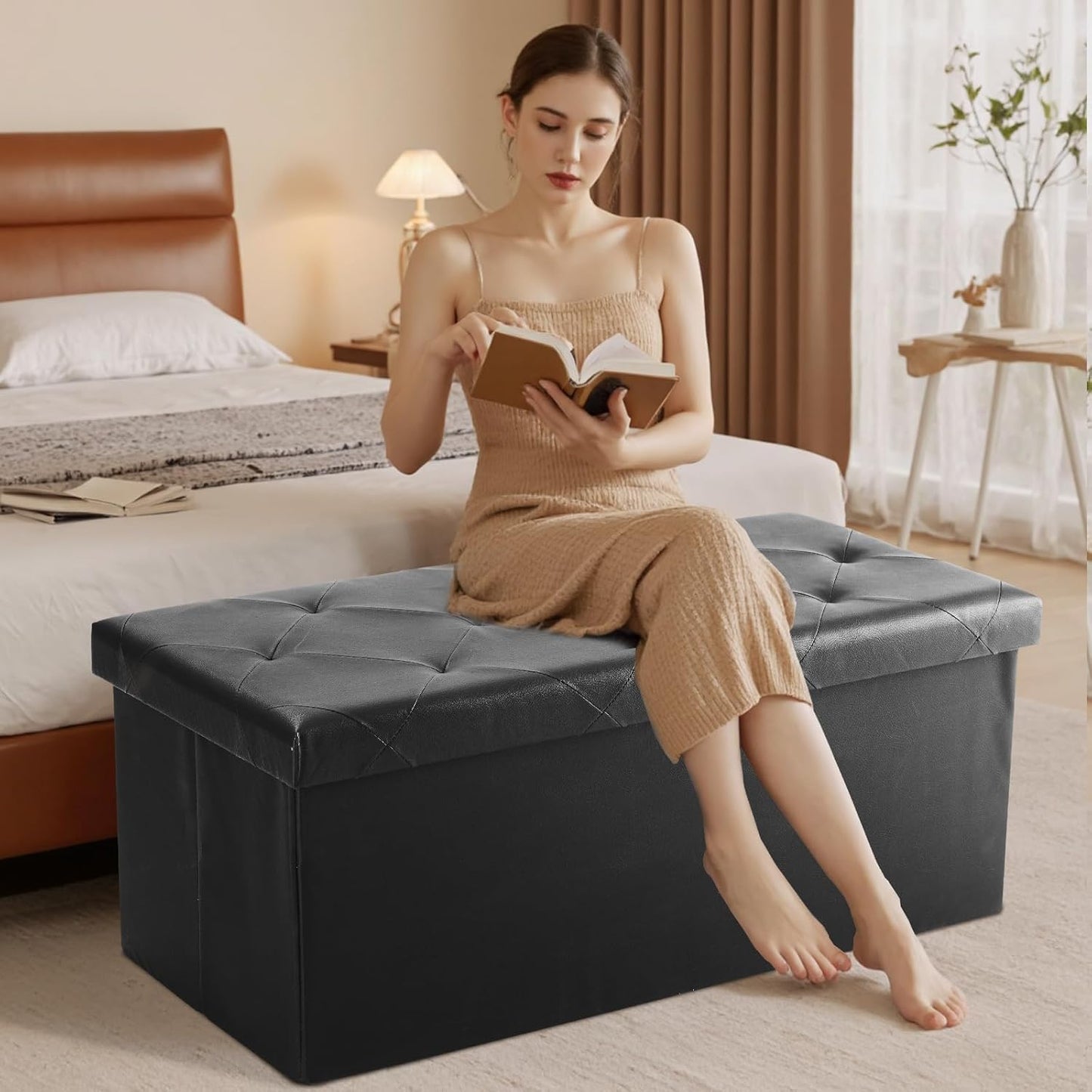 43 Inches Folding Ottoman with Storage Bench, Foot Rest Stool, End of Bed Storage Bench Upholstered, Load 660 Lbs, for Living Room, Lychee Grain Leather, Black