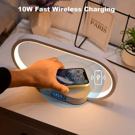 Wooden Bedside Lamp with 15W Fast Wireless Charger | Touch Control, 3 Color Modes, Clock & Stepless Dimming for Nightstand