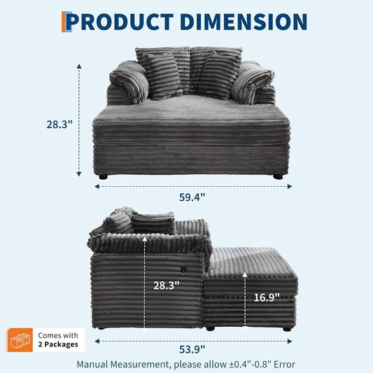 Oversized Chaise Lounge Chair Indoor Upholstered Sofa Bed with Throw Pillows and Armrests Comfy Corduroy Sleeper Couch with Cup Holders and Charging Port for Living Room Bedroom 60 Inch Wide Grey