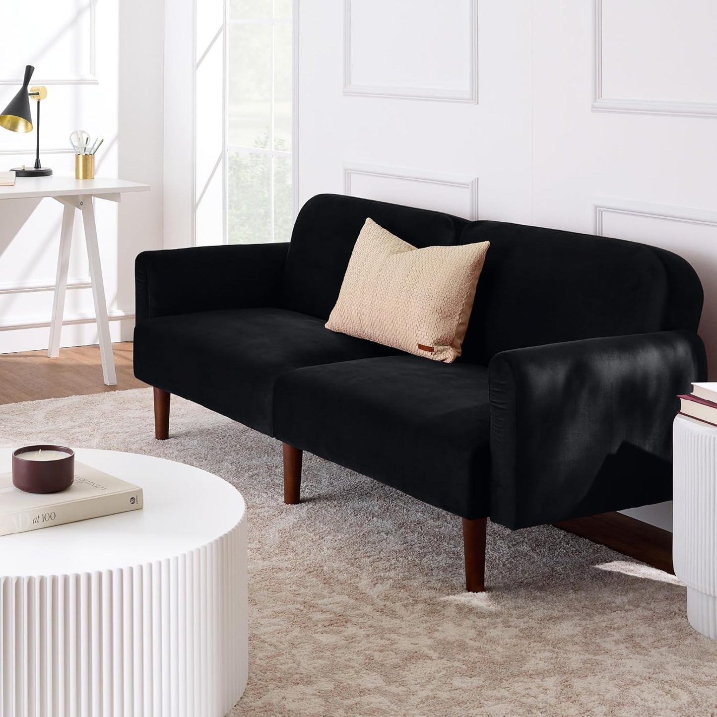 77" Mid Century Modern Velvet Loveseat Sofa, Couch, Convertible Sofa Sleeper Bed W/Real Wood, Removable Armrest - Onyx Black