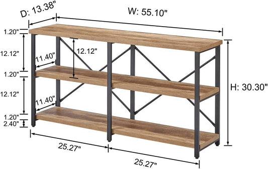 Console Tables for Entryway, Industrial Sofa Table behind Couch, 3 Tier Hallway Table for Foyer, Horizontal Bookshelf for Living Room (55 Inch, Vintage Oak)