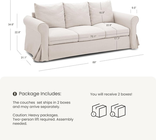 89" 3 Seater Sofa for Living Room, Deep Seated Comfy Couch with High Back Support, Removable Washable Linen Slipcover, Modern Farmhouse Style Rolled-Arm Beige Sofa