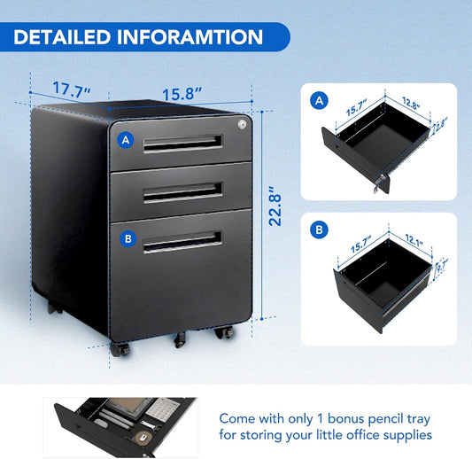 3 Drawer File Cabinet, Mobile Metal Filing Cabinet with Lock,Legal/Letter File Organizer with Wheels for Home Office, Pre-Assembled, round Corner Design, Black