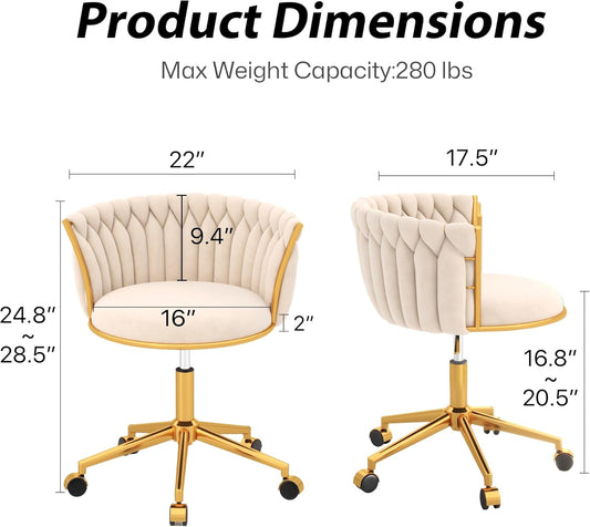Velvet Woven Home Office Chair, Modern Swivel Desk Chair with Wheels, Height Adjustable Vanity Chair with Gold Metal Base and Hand Weaving Back, Beige