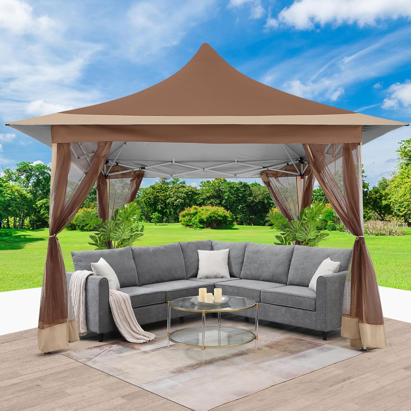 12X12 Pop up Canopy Gazebo on Clearance, Outdoor Canopy Tent with Mosquito Netting & Waterproof Roof & Sandbags & Carrying Bag,Patio Portable Gazebo for Garden,For Backyard,Brown
