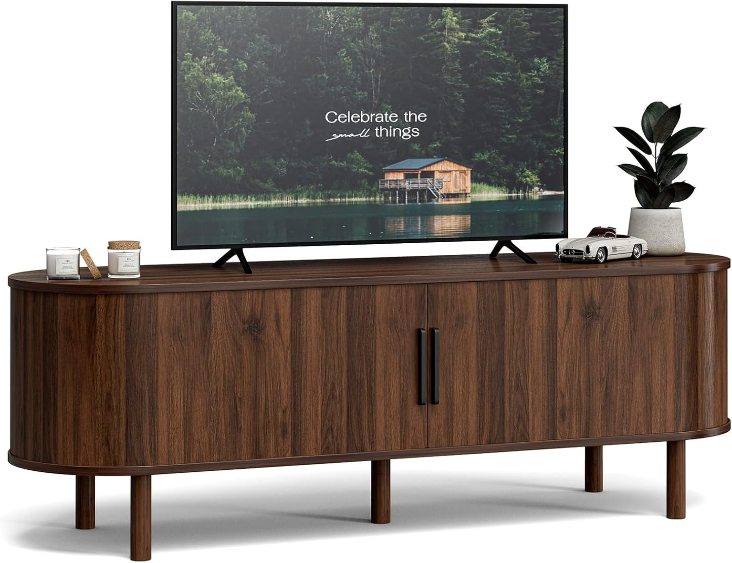 TV Stand for Tvs up to 60 Inch, Entertainment Center with Sliding Doors and Adjustable Shelf, Modern TV Console with Storage for Living Room, Bedroom, Walnut