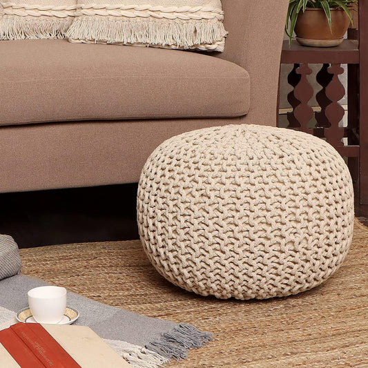 · round Pouf Ottoman - Cable Knitted Boho Poof - Home Décor Cord Pouffe Handmade Circular Footrest for Living Room - Bedroom - Kids Bedroom - 100% Cotton Pouf (18" X 18" X 14") - Ivory